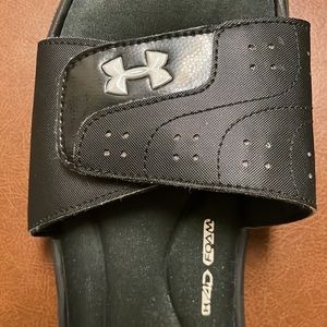 Under Armour black slides. Size Women’s 9, very comfortable with foam insoles.